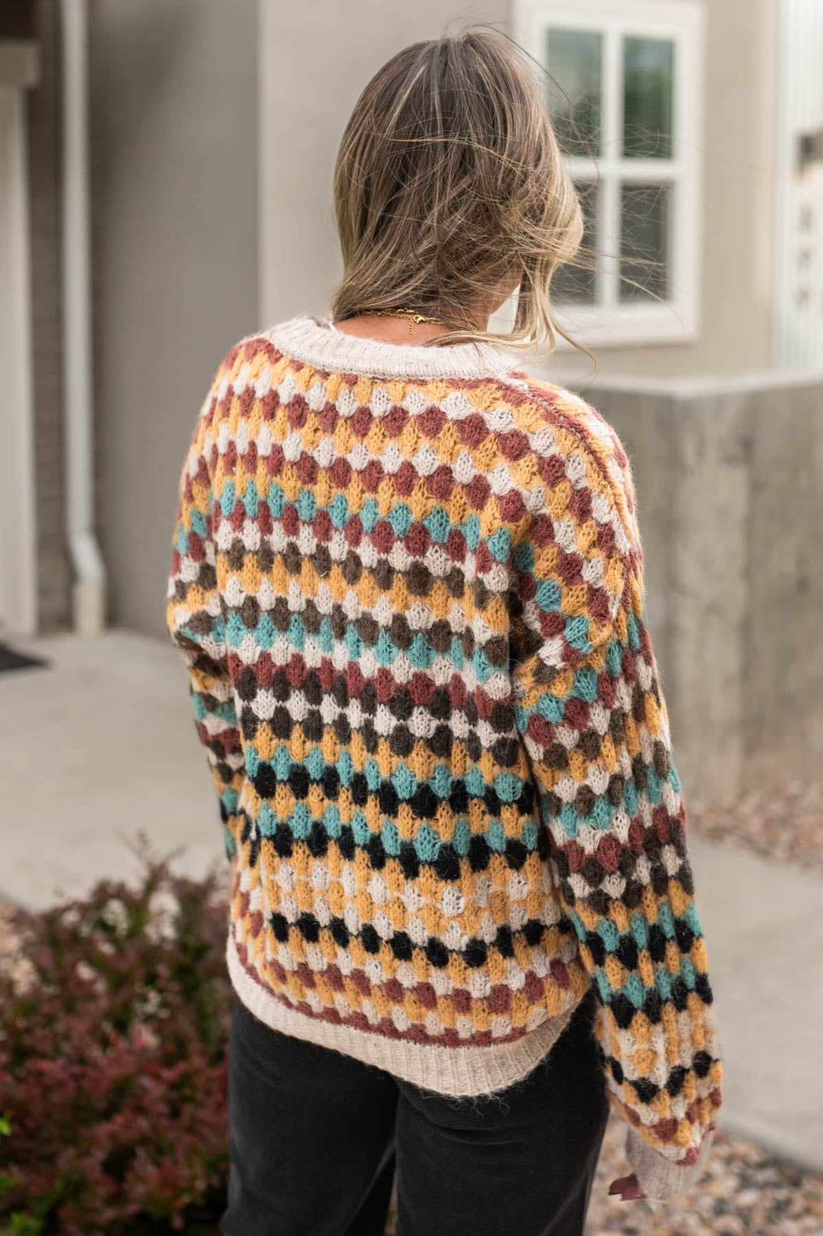 Back view of a multi sweater