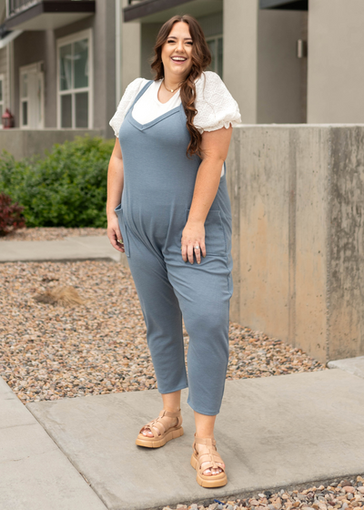 Plus size chambray jumpsuit with pocket