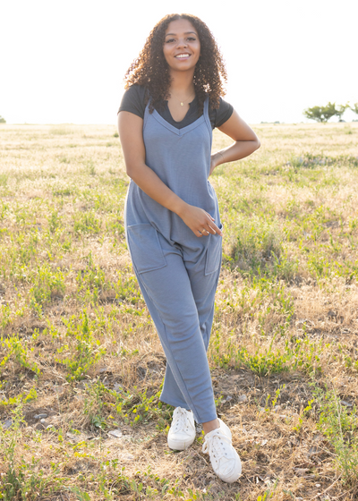 Knit chambray jumpsuit with pockets