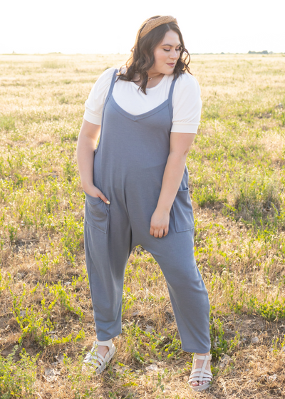 Plus size knit chambray jumpsuit