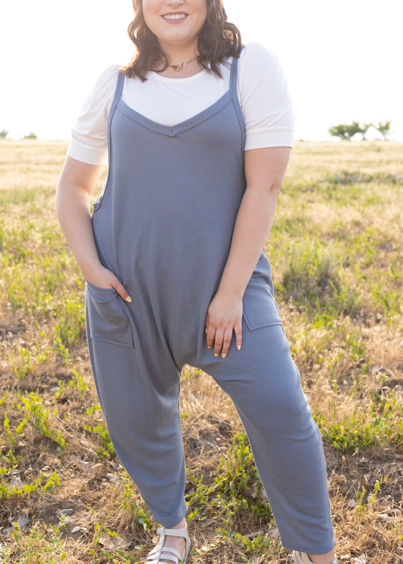 Plus size chambray jumpsuit with pockets
