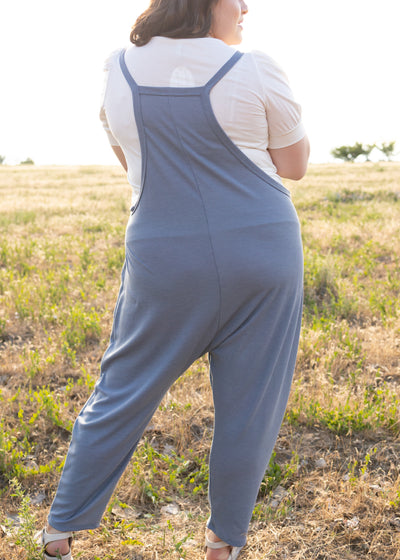 Back view of a plus size chambray jumpsuit