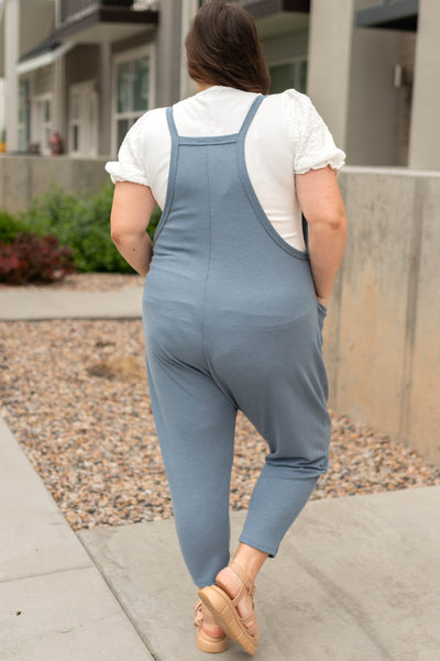 Back view of a plus size chambray jumpsuit