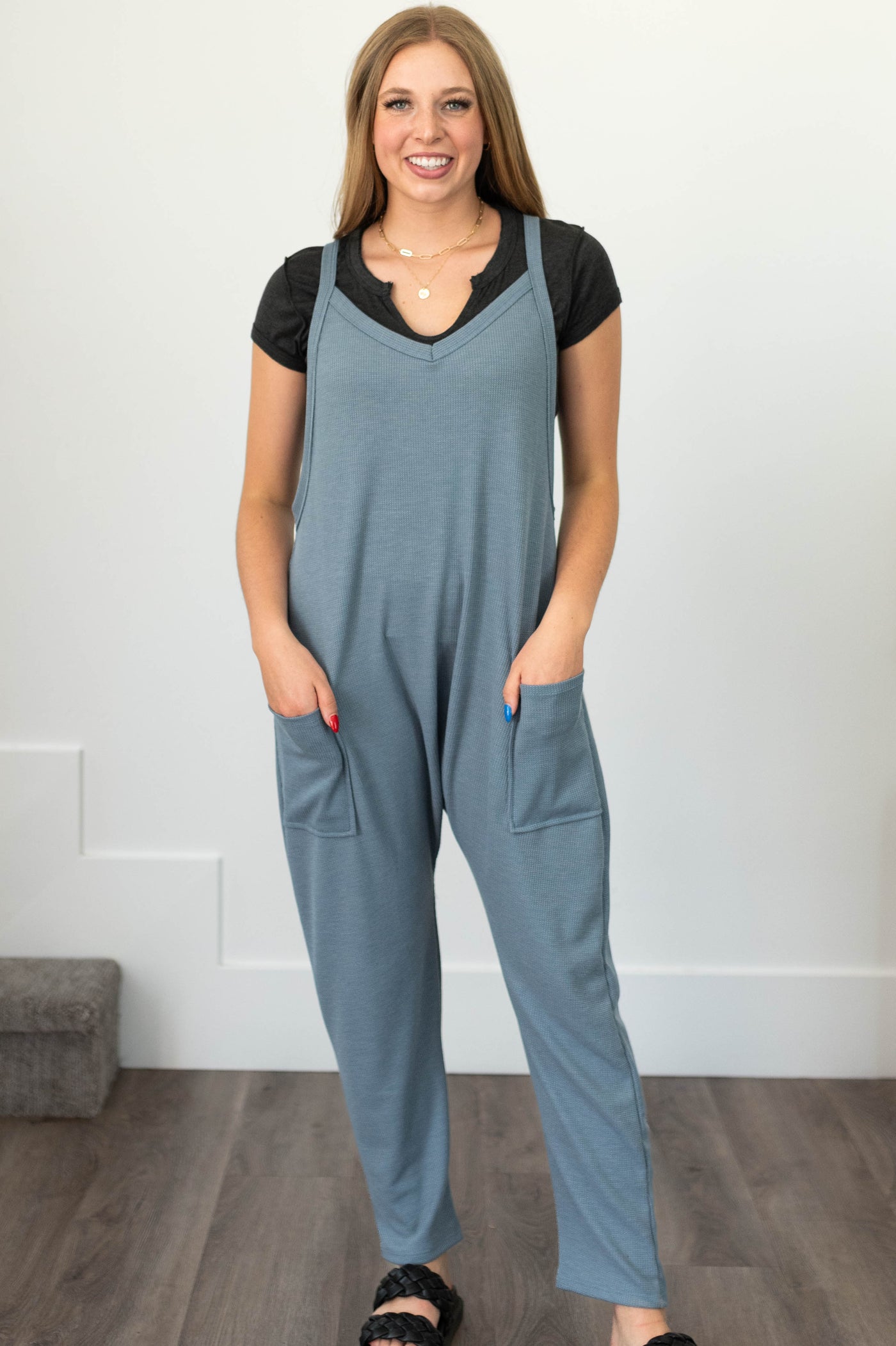 Chambray jumpsuit with front pockets