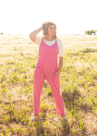 Knit hot pink jumpsuit with pockets