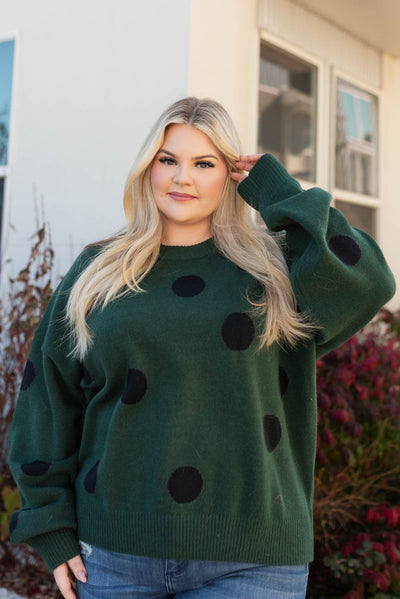 Long sleeve plus size green poka dot sweater with black poka dots