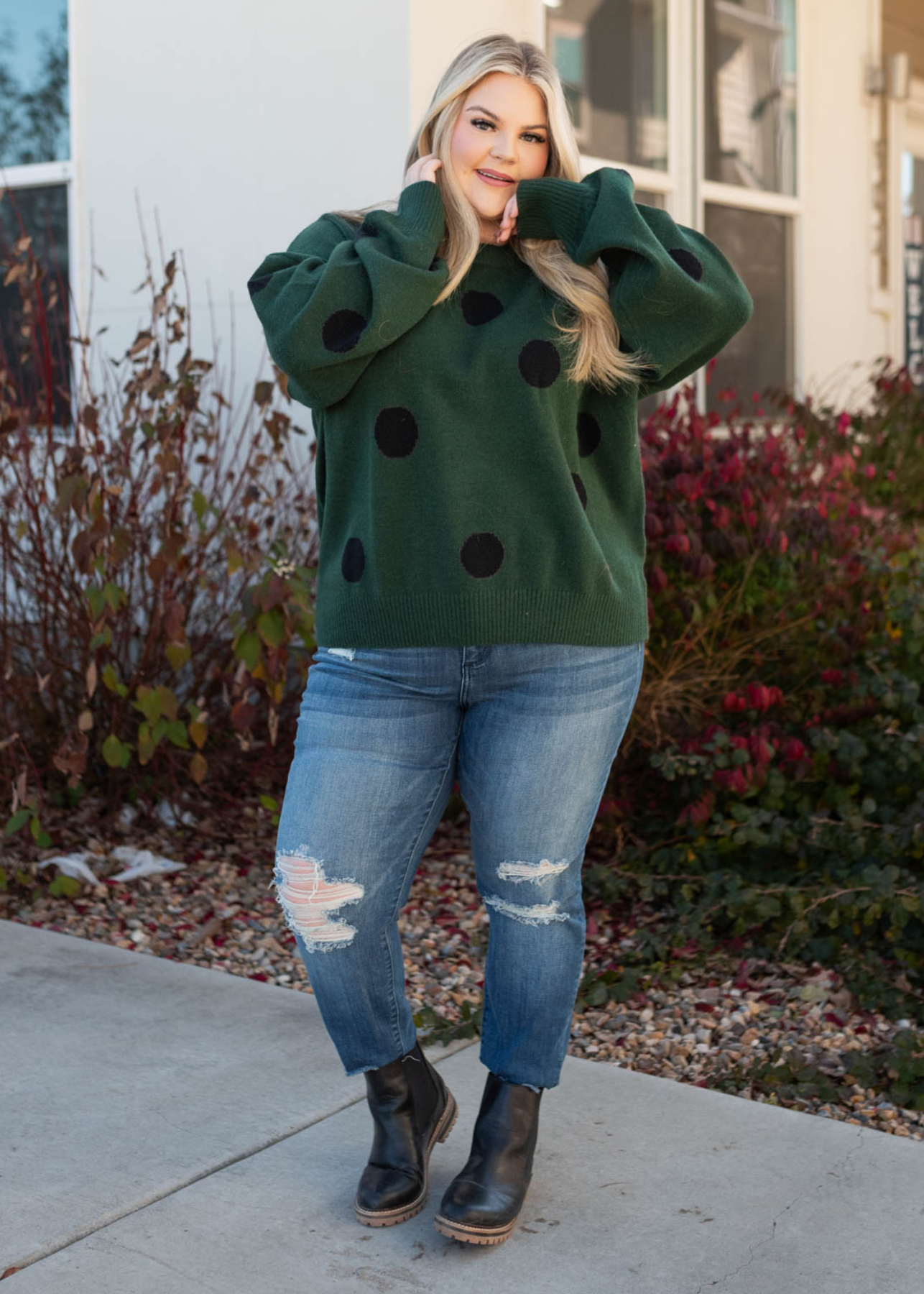 Long sleeve plus size green poka dot sweater