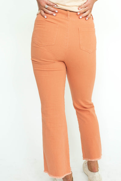 Back view of ginger straight leg, ankle length pants with a frayed edge.