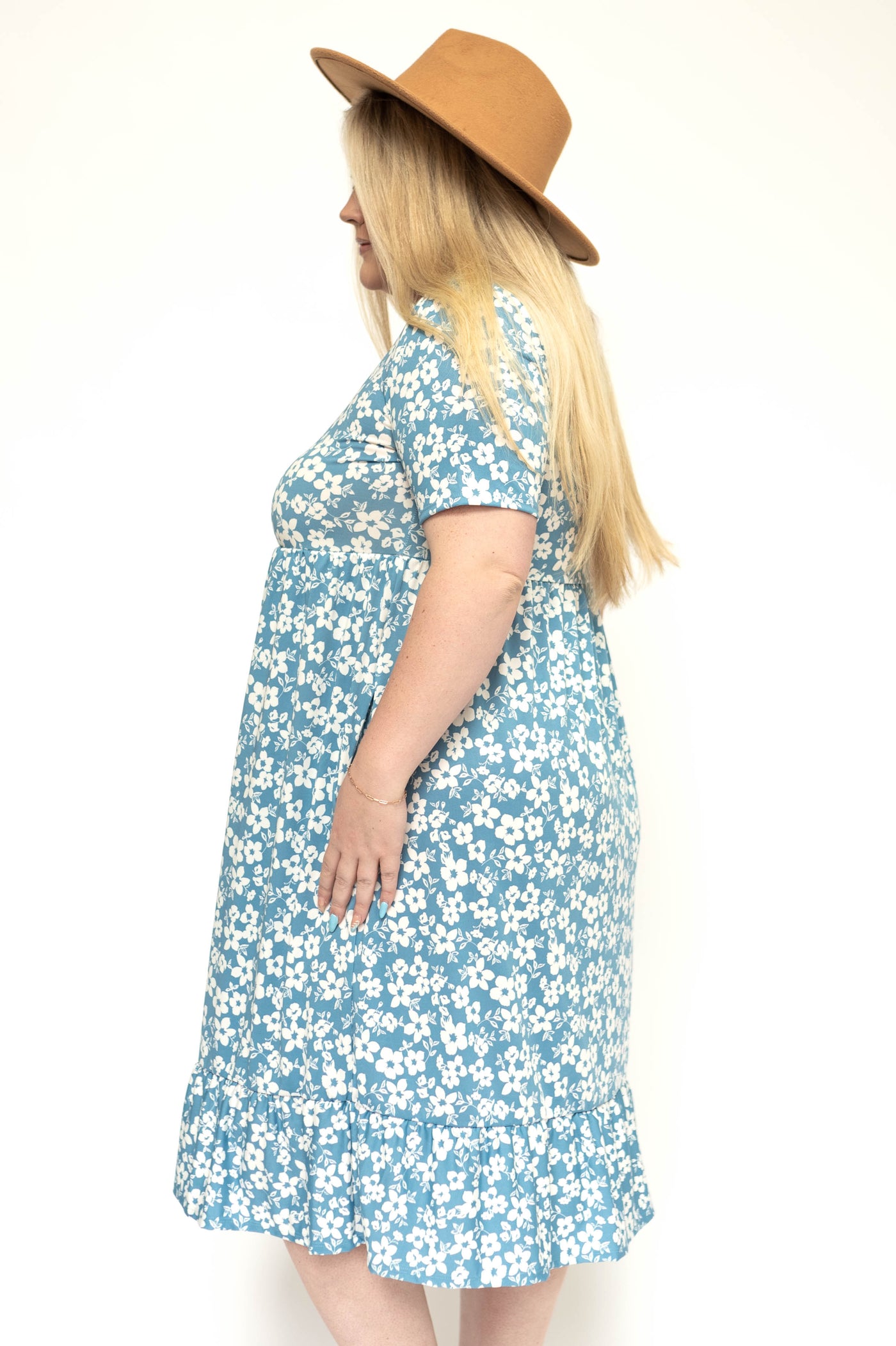 Side view of a blue floral dress