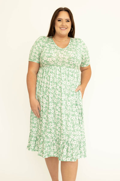 Plus size short sleeve, v-neck mint floral dress