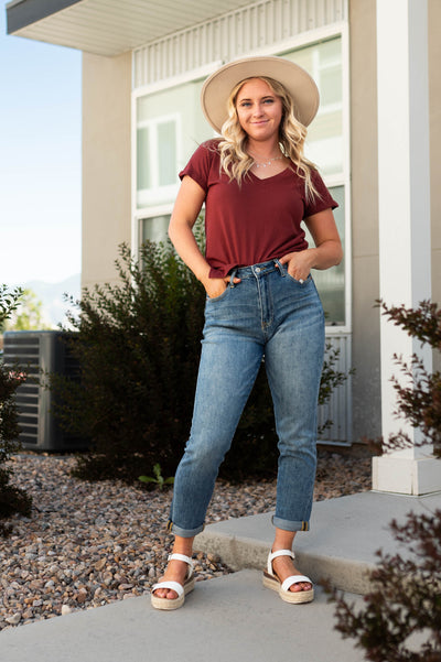 V-neck short sleeve wine top