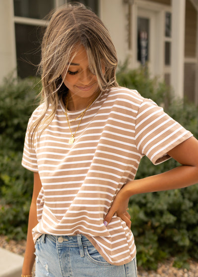 Short sleeve taupe top with white stripes