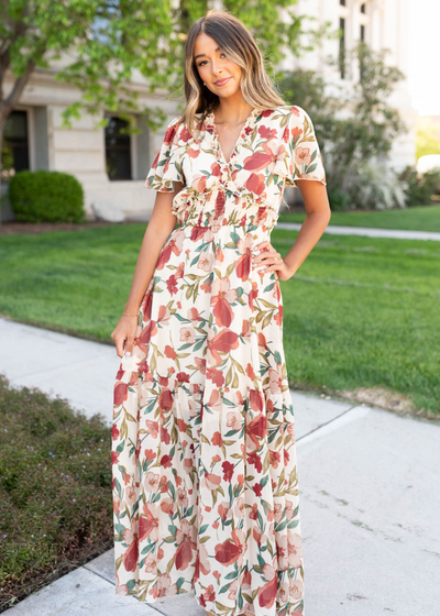 Multi floral maxi dress with smocked elastic waist