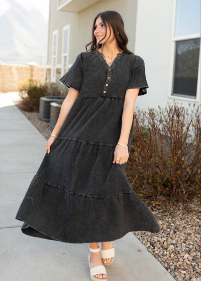 Black cotton dress with short sleeves