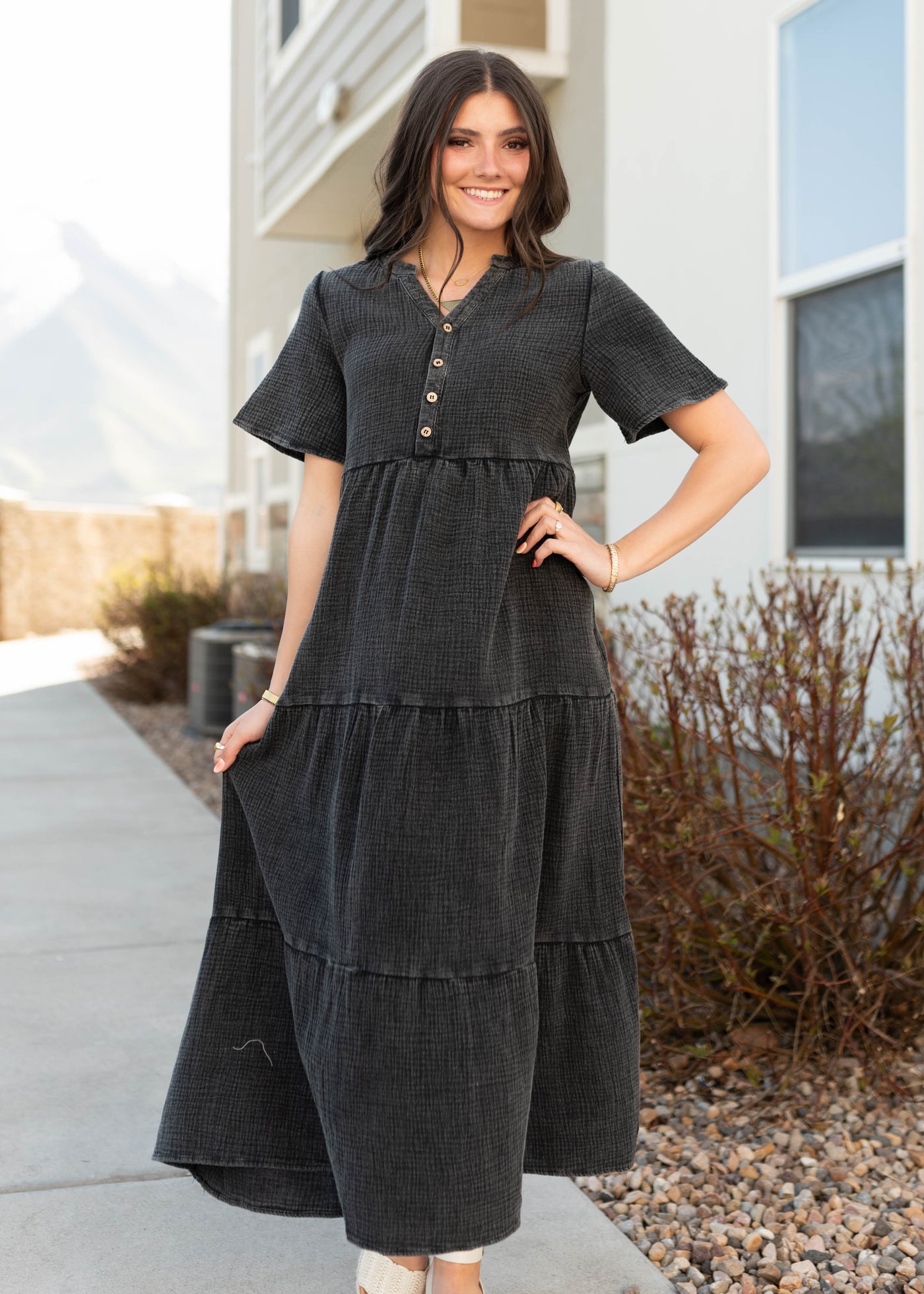 Short sleeve black cotton dress