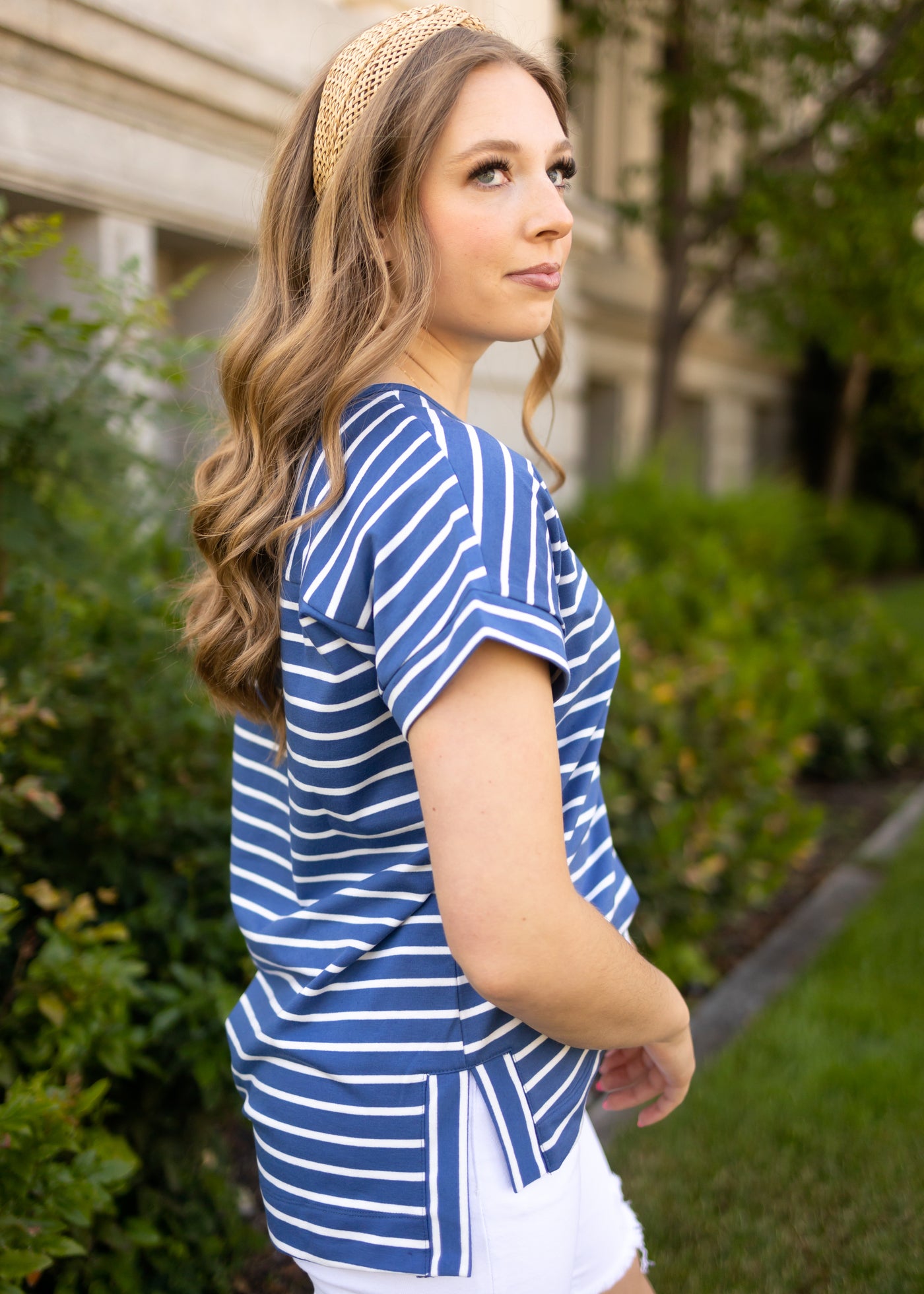 Side view of a blue stripe top