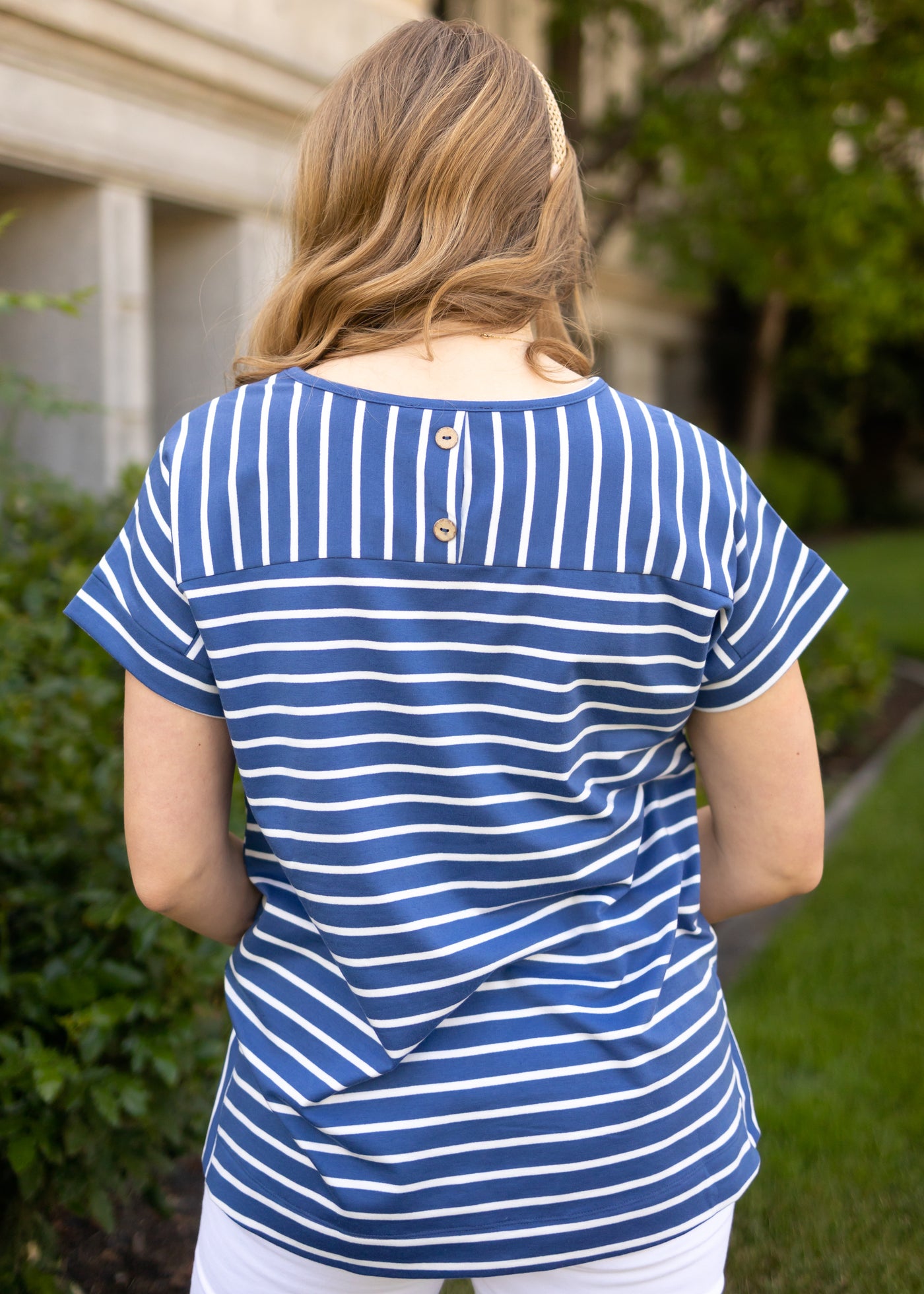 Back view of a blue stripe top