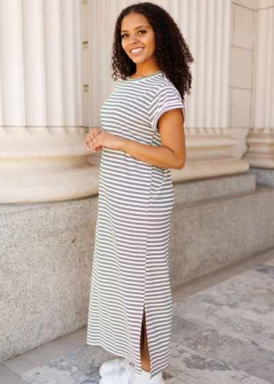 Side view of the black striped t-shirt dress