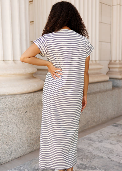 Back view of the black striped t-shirt dress