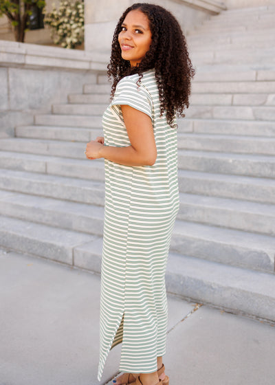 Side view of the green striped t-shirt dress