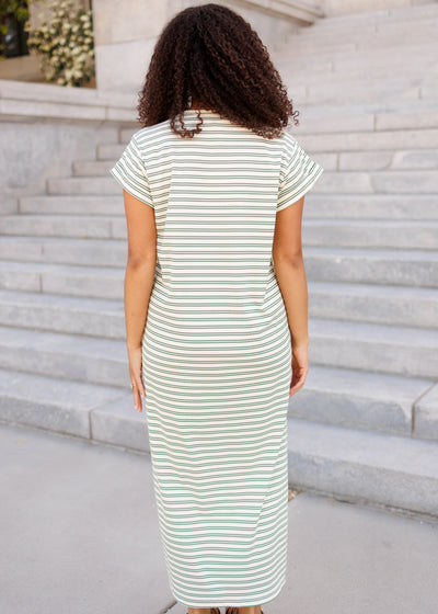 Back view of the green striped t-shirt dress