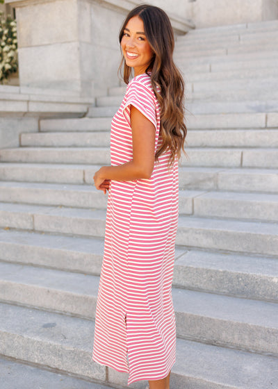 Side view of the red striped t-shirt dress