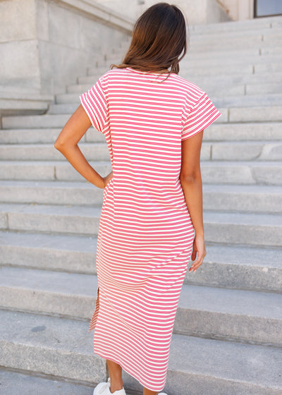 Back view of the red striped t-shirt dress