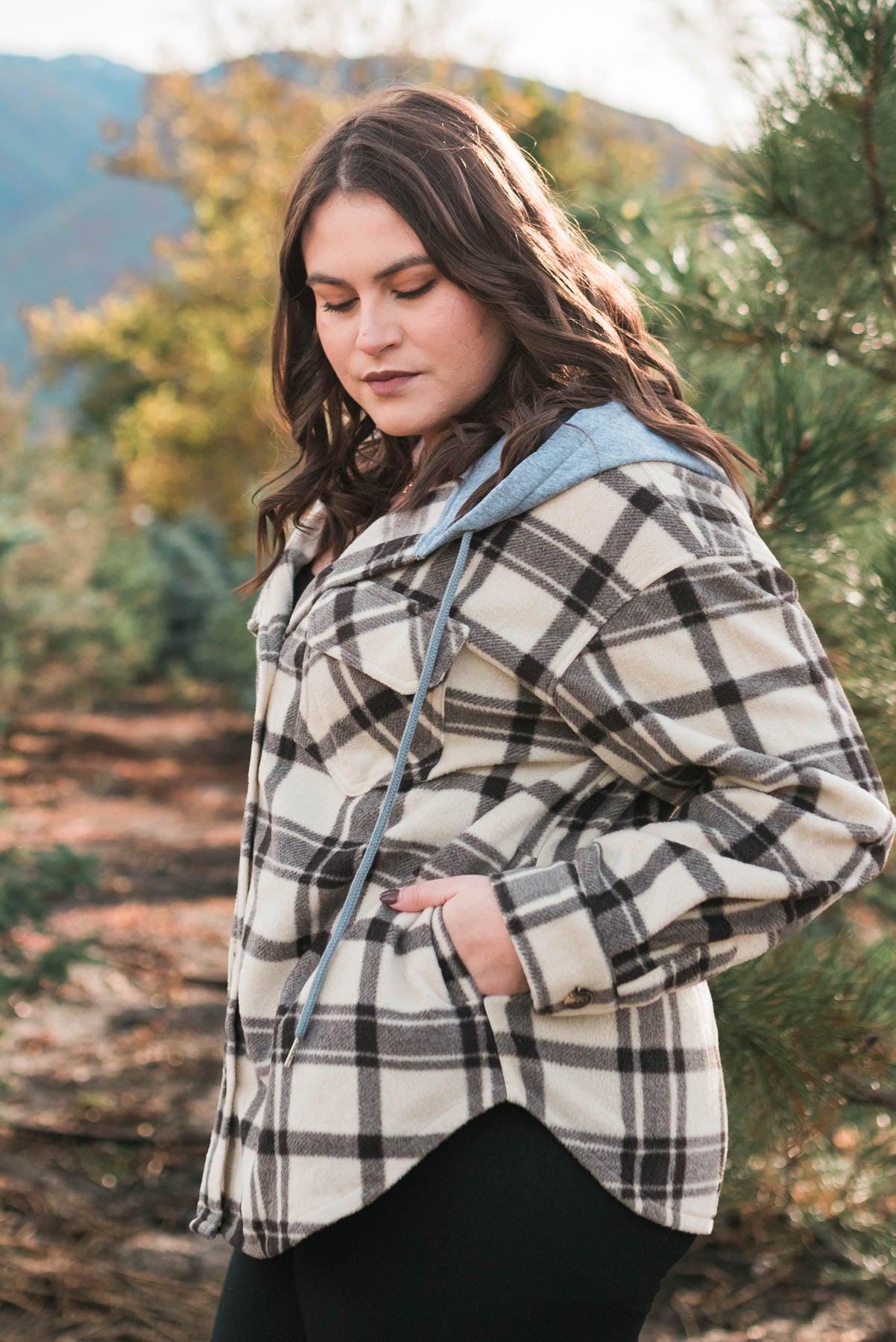 Plus size long sleeve taupe plaid shacket with pockets