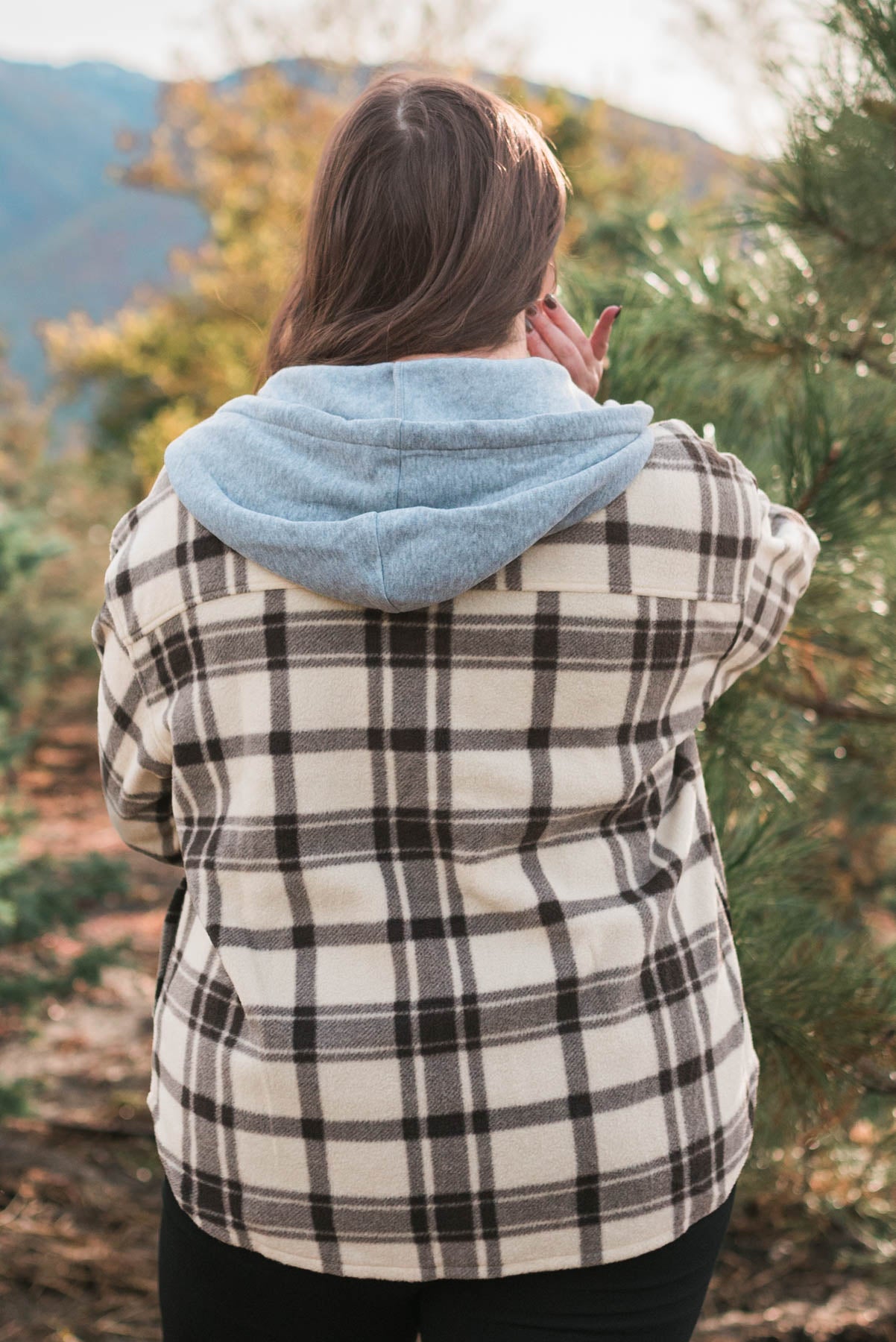 Back view of a plus size taupe plaid shacket with hood