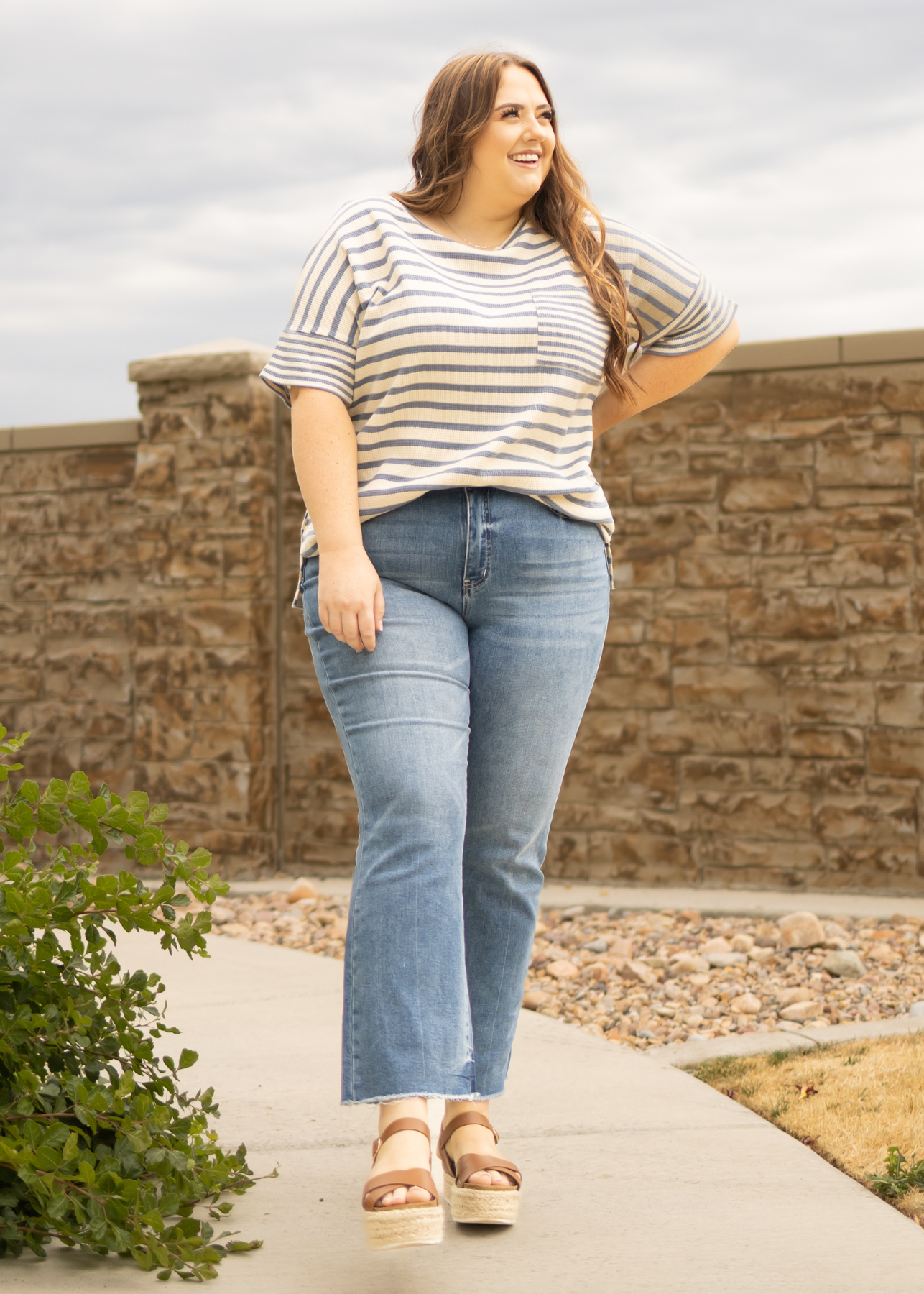 Plus size denim top with stirpes