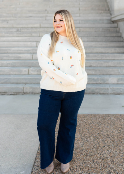 Plus size ivory floral embroidered sweater