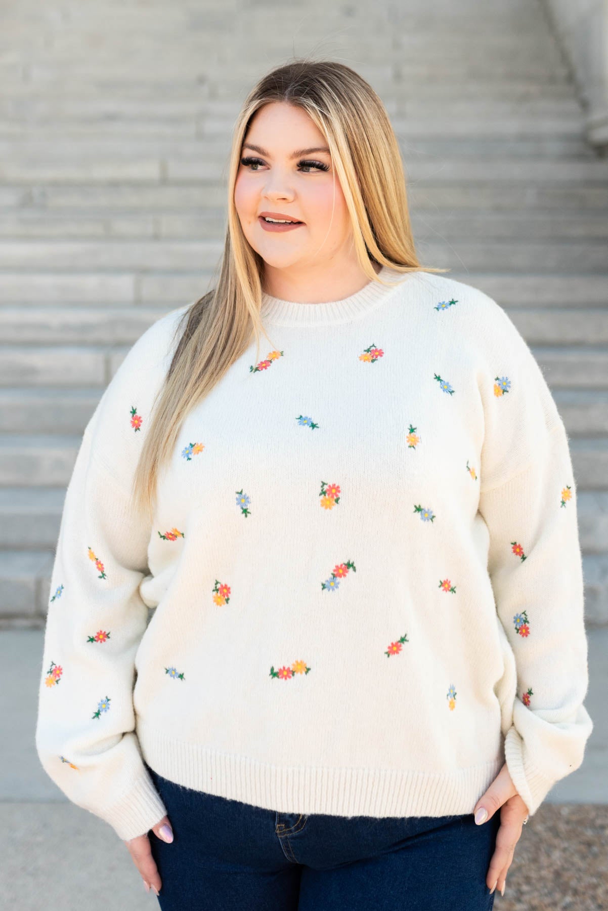 Long sleeve plus size ivory floral embroidered sweater