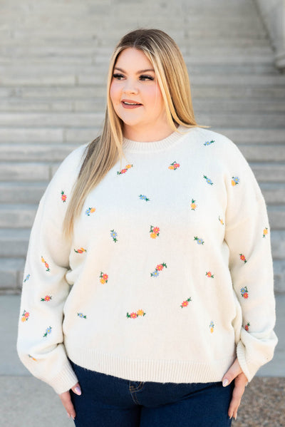 Long sleeve plus size ivory floral embroidered sweater