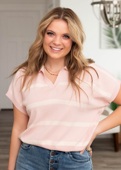 Short sleeve pink stripe top with collar
