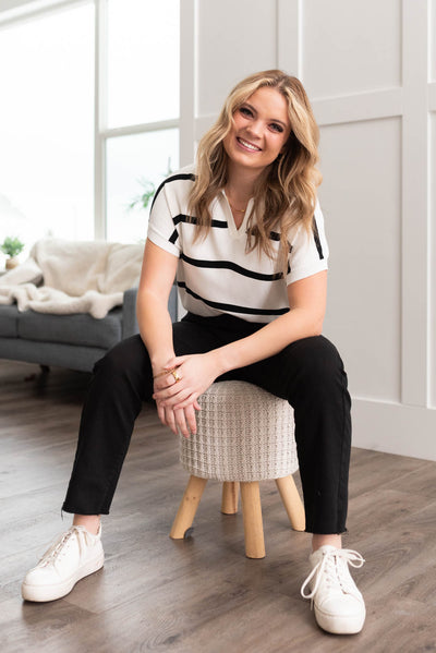 Collared white stripe top