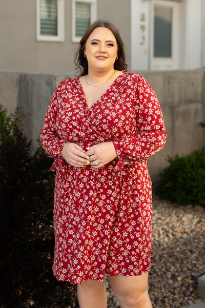 Above the knee long sleeve red floral dress
