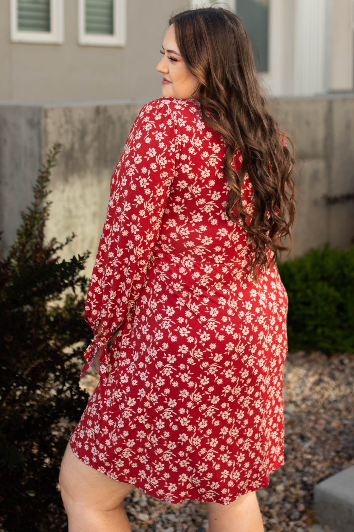 Side view of a red floral dress