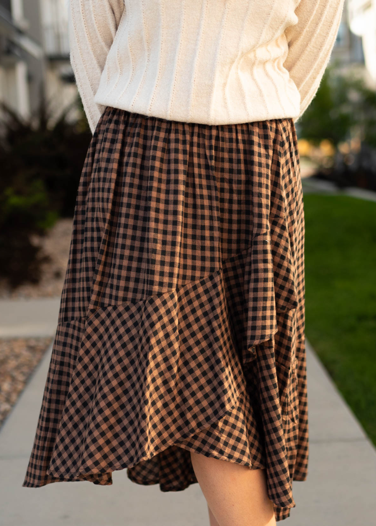 Wrap style mocha plaid skirt