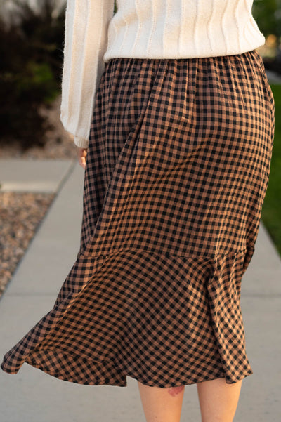 Mocha plaid skirt with ruffle hem