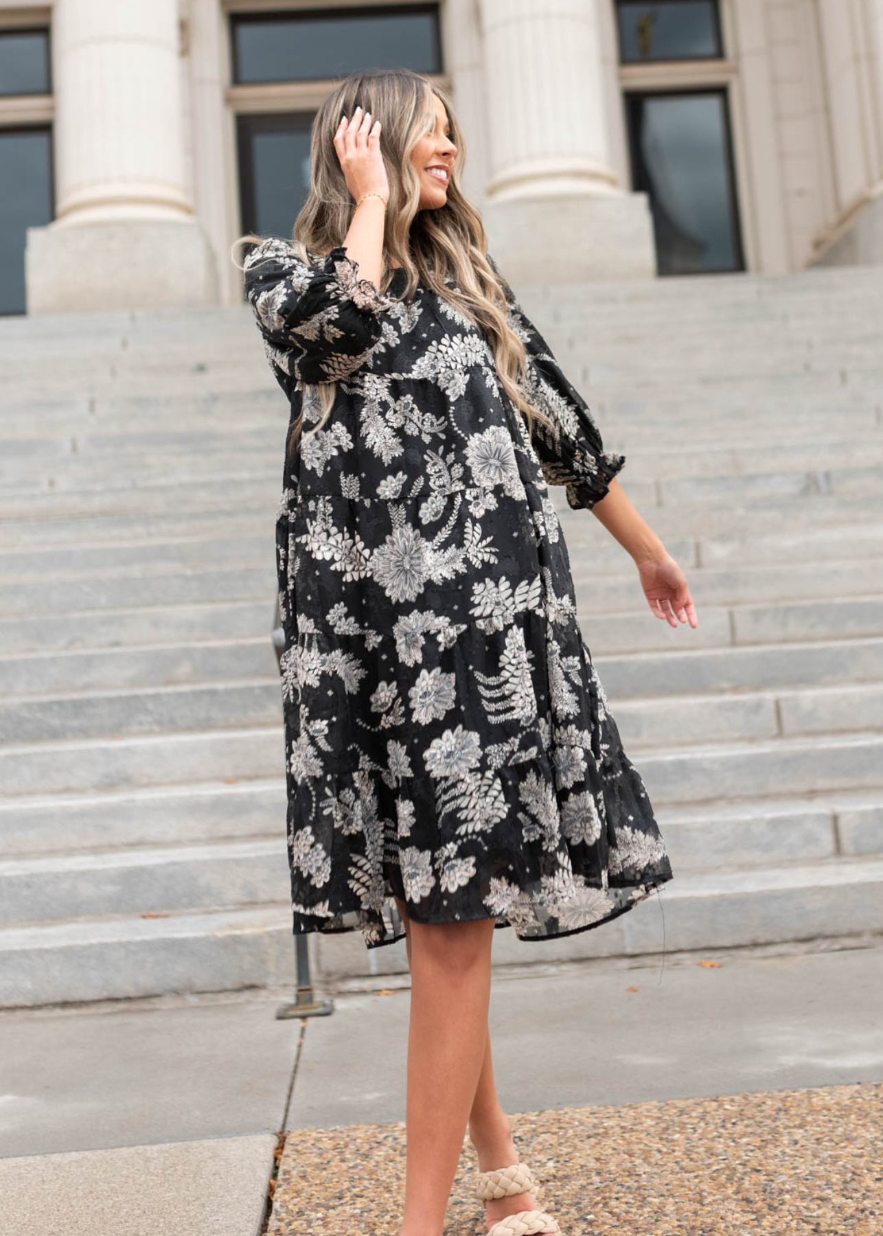 Black floral dress with 3/4 sleeves