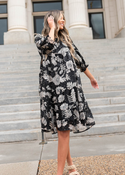 Tiered black floral dress