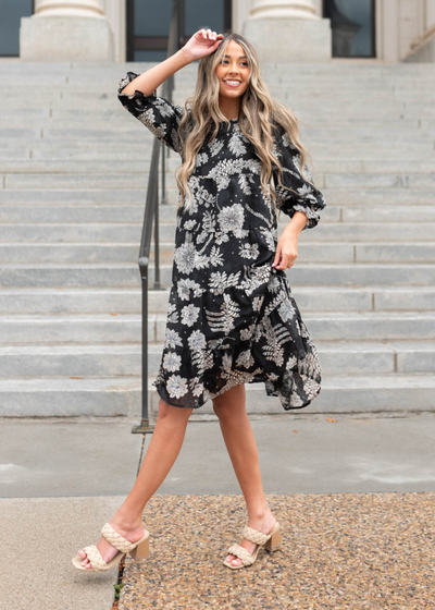Black floral dress with 3/4 sleeves