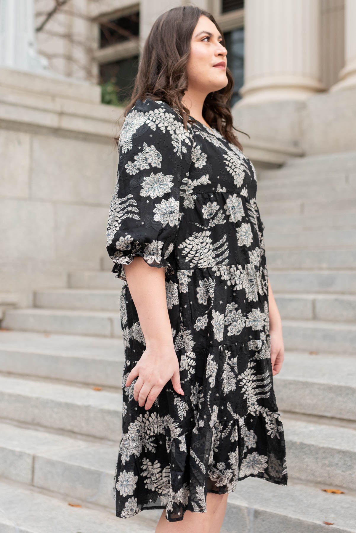 Side view of a black floral dress