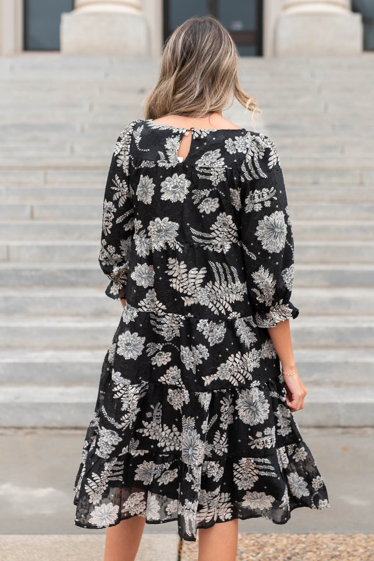 Back view of a black floral dress