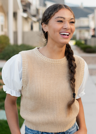 Short white sleeves and taupe sweater top