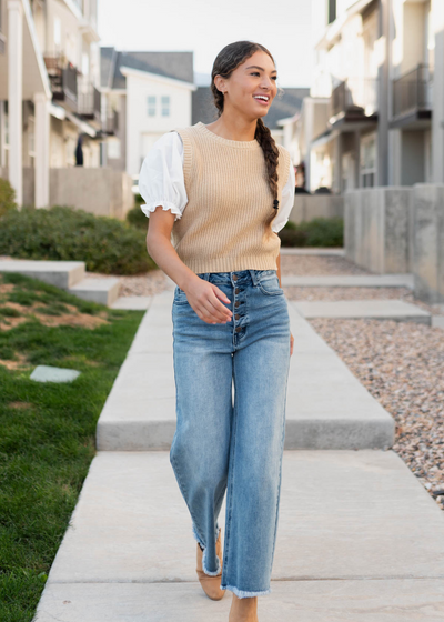 Taupe sweater top with short white sleeves