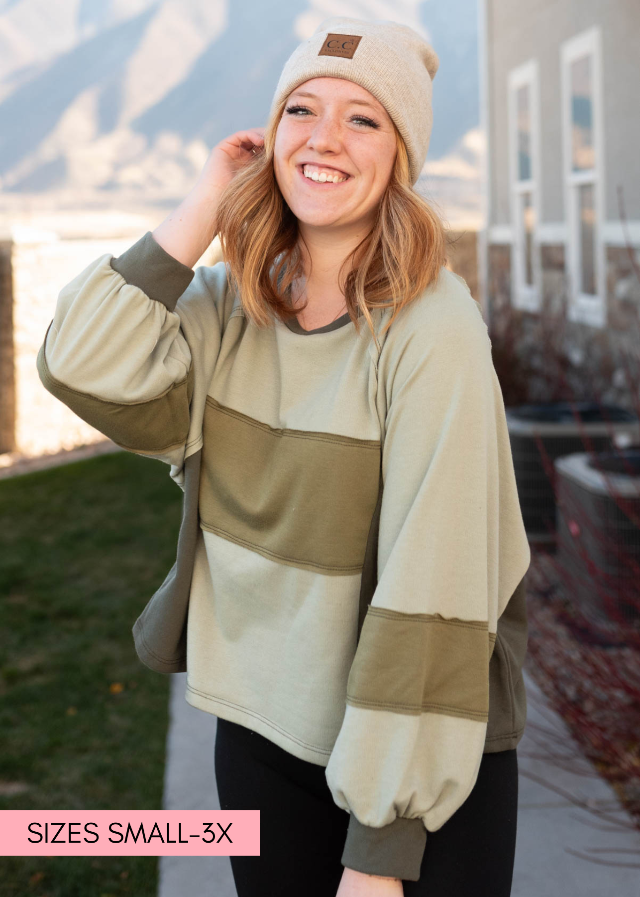 Long sleeve olive block sweater with three tones of green