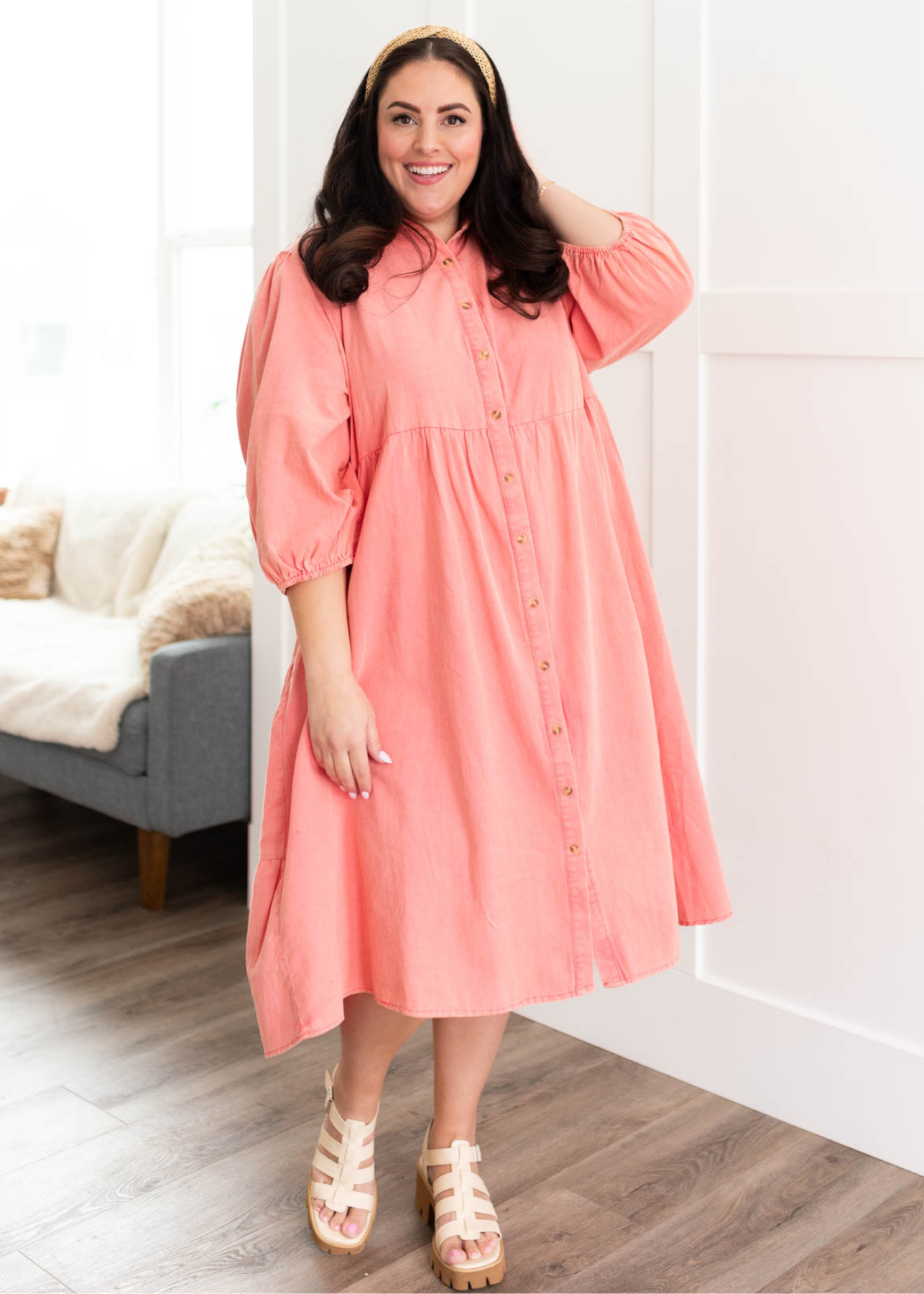 Plus size pink button down dress with 3/4 sleeves