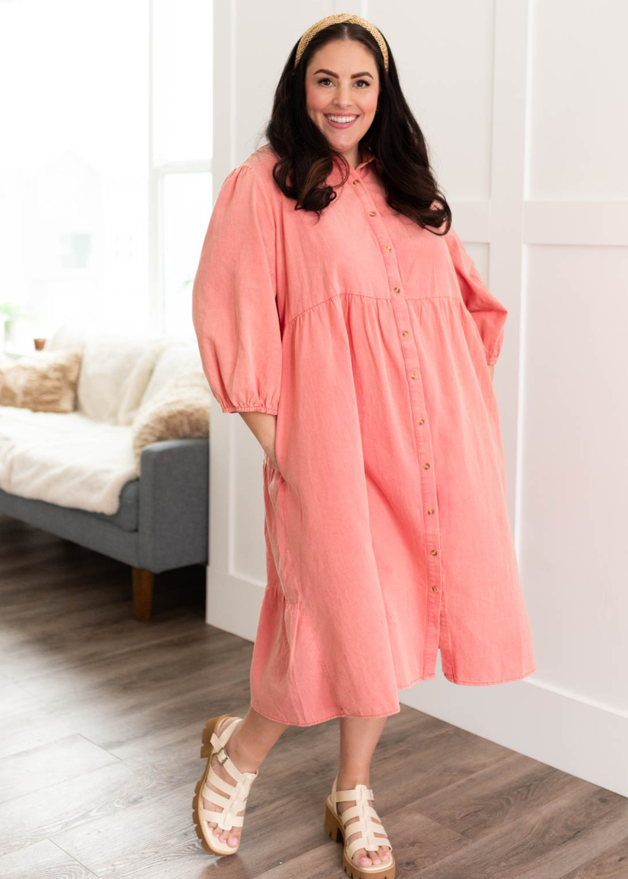3/4 sleeve plus size pink button down dress