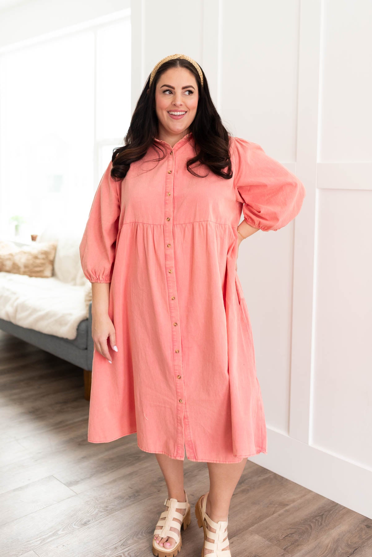 Plus size pink button down dress with pockets